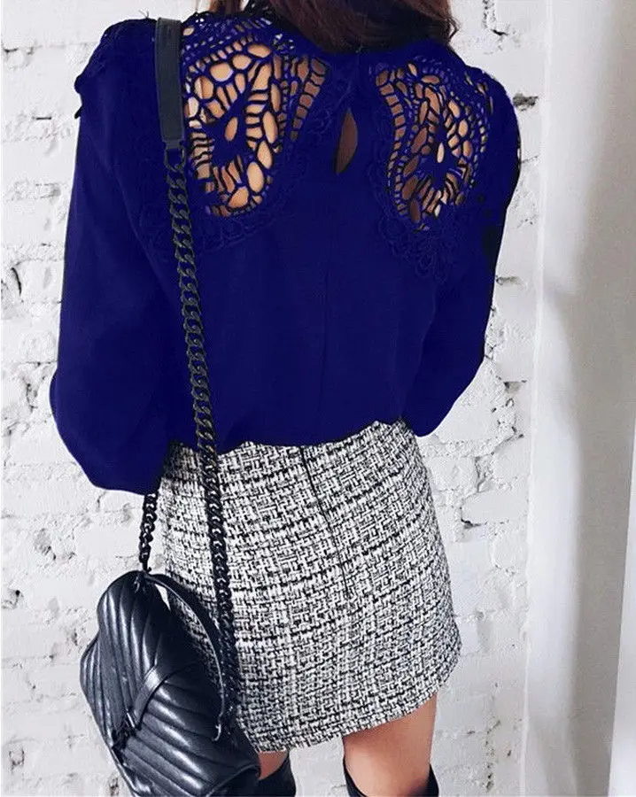 

MeiHuiDa 2018 New Style Fashion Lace Hollow Out Women Ladies Chiffon Long Sleeve Solid Blouse OL Work Tops