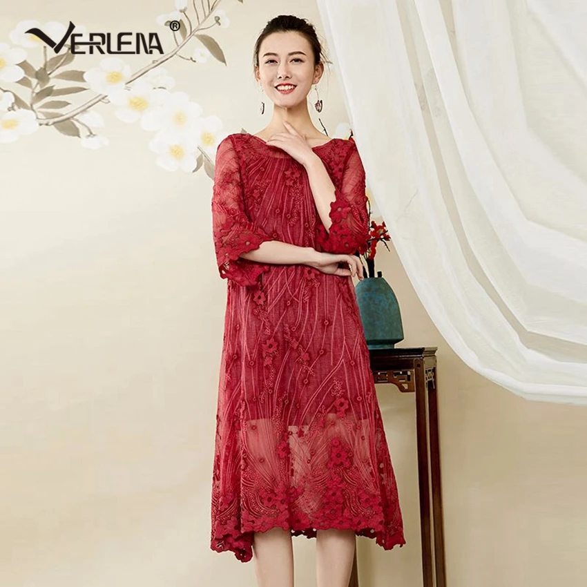 Verlena 2018 крючком кружевной узор вышивки 100% шелковое платье Для женщин элегантные