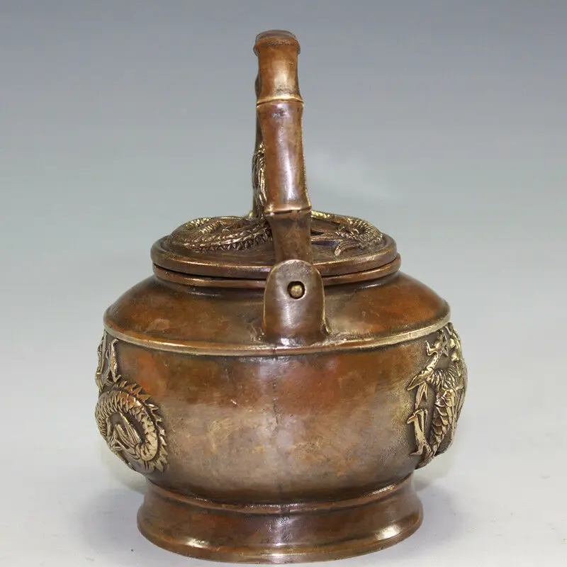 

China Antique Handmade Brass Double Dragon Bamboo Teapot Flagon Wine Pot