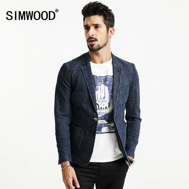 SIMWOOD 2019 осенние джинсовые блейзеры для мужчин облегающие хлопковые костюмы в