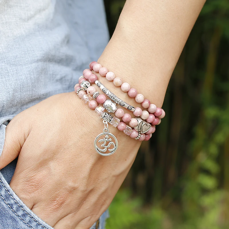 Натуральные Бусы из родохрозита 6 мм женский браслет Lotus OM Buddha Charm Yoga 108 Mala Necklace