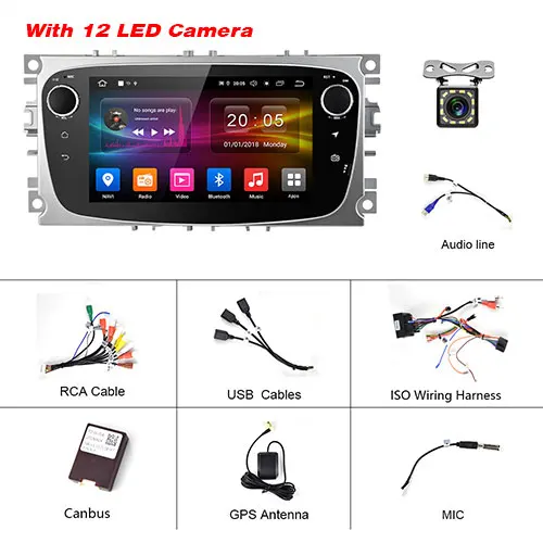 Podofo Android 9,0 автомобильный dvd-плеер 2 Din радио gps Navi для Ford Focus Mondeo Kuga C-MAX S-MAX Galaxy Аудио Стерео головное устройство - Цвет: With 12 LED Camera