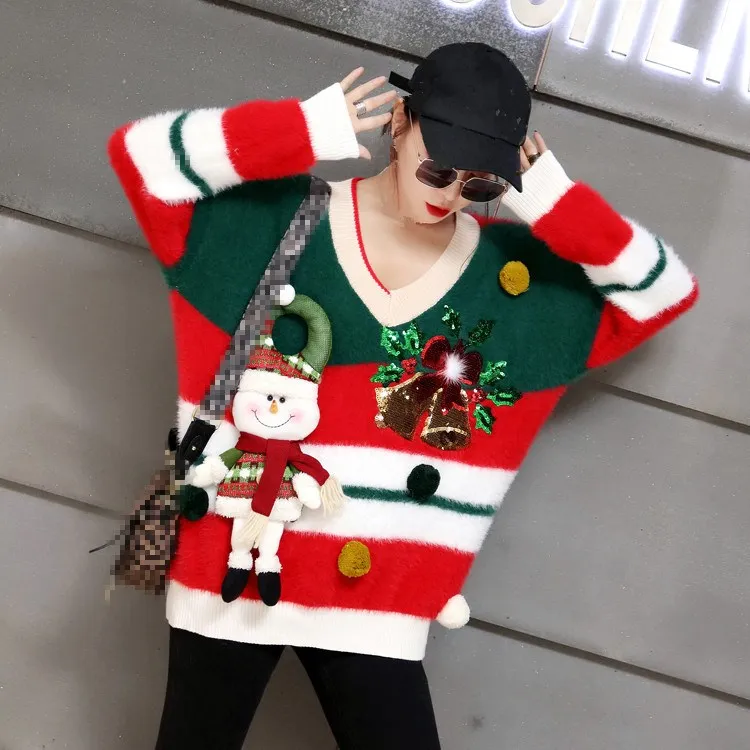 

Christmas Snow Man Striped Sequins Party Long Knitted Sweater Casual Winter Women Warm Red Long Sleeve Loose Pullover Tops