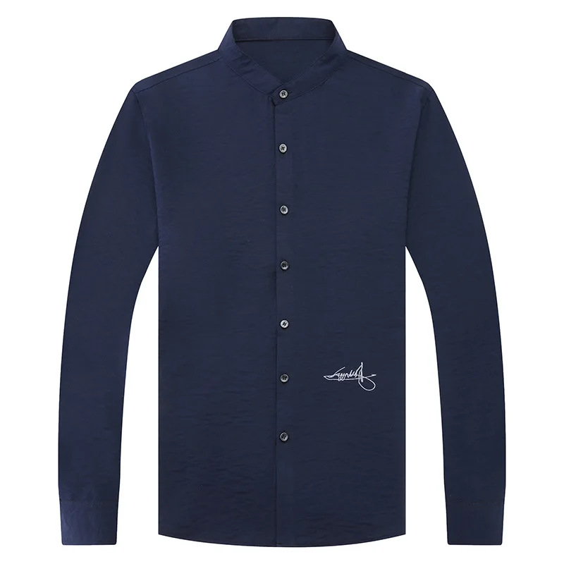 Fashion 2018 Men's Shirt Blue Long Sleeve White Slim Fit Business Form-fitting Mandarin Collar Shirts Cheap Clothes China | Мужская
