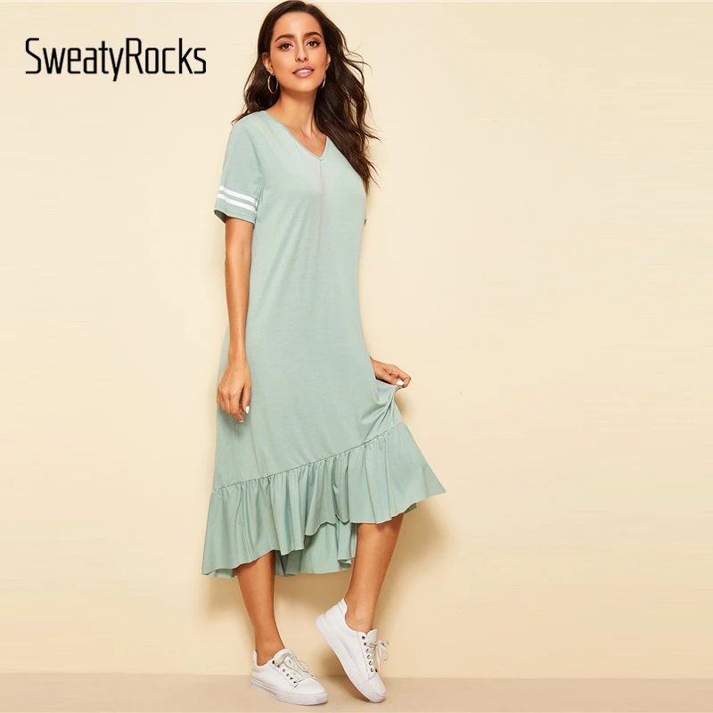 SweatyRocks Полосатое платье с рукавами и рюшами для женщин, лето, v-образный вырез, уличная одежда, одноцветные миди платья, повседневное бирюзовое платье