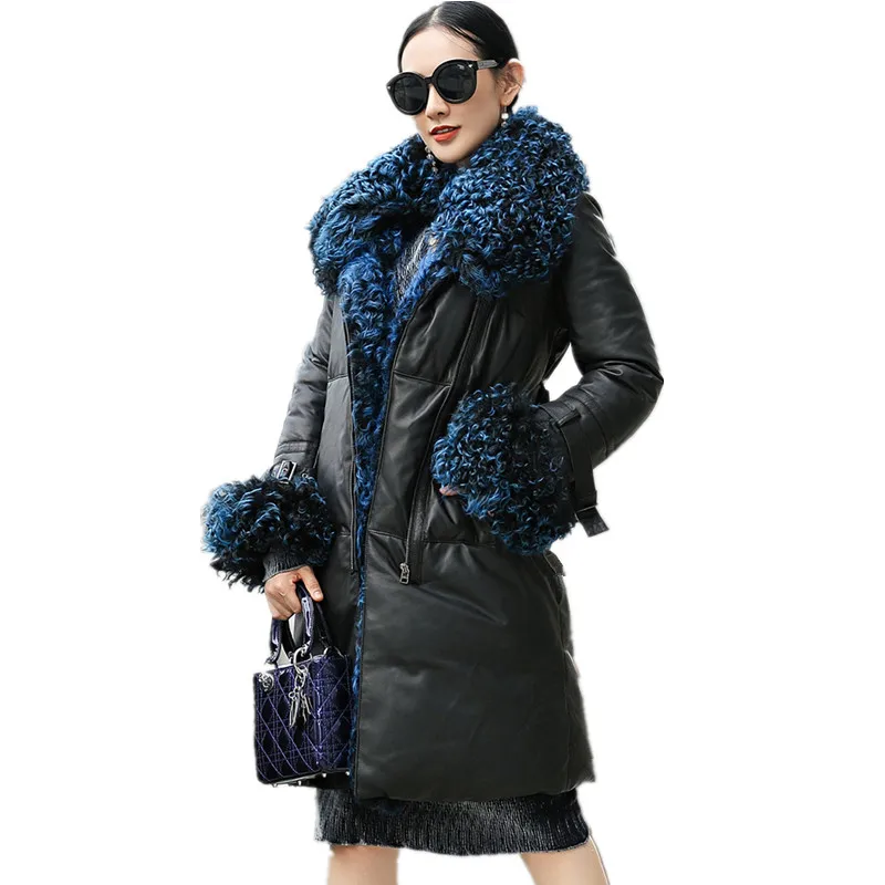 2018 Winter New Women's Genuine Leather Coat Sheep Down Jacket Long Section Wool Collar Thick Warm Slim Outer LE517 | Женская одежда