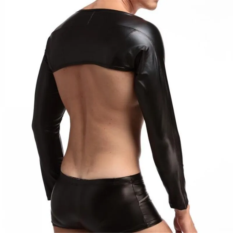 Мужская сексуальная рубашка с длинным рукавом футболки из искусственной кожи