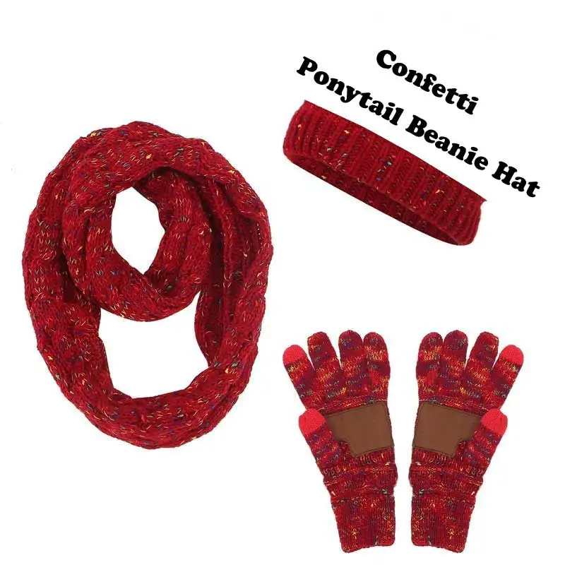 A-Confetti-Wine red Ponytail Beanie Women Scarf Hat Glove Sets Knitted Winter Cap Warm Skullies Beanies Woolen Hats Casual Female Slouchy Knit Caps - Color: A-Confetti-Wine red