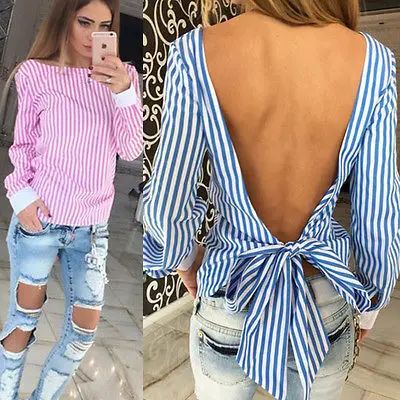 Мода 2016 года белый полосатый открытой спиной сексуальные топы милые Для женщин