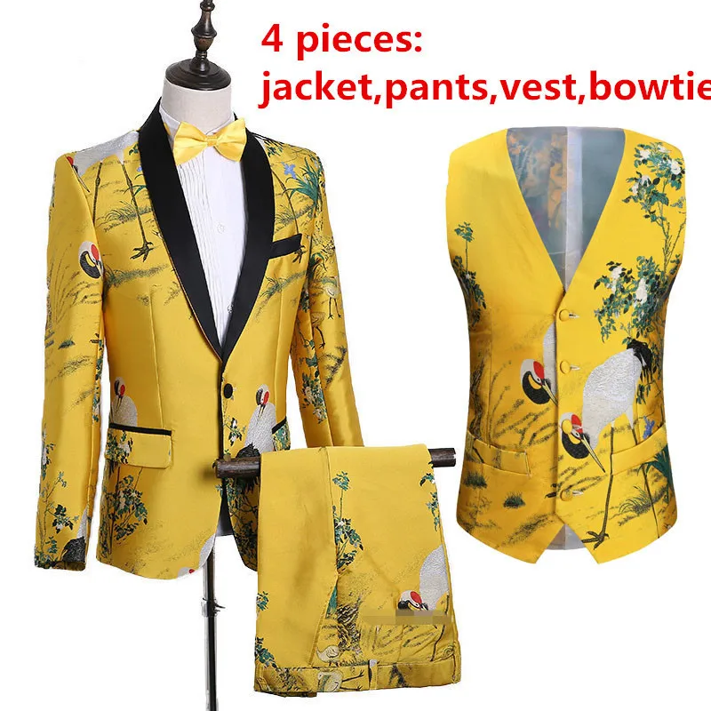 4 pieces set PYJTRL, мужская мода, китайский стиль, желтое платье с вышивкой, костюм для ночного клуба, певица, выпускной, Grus Japonensis, смокинг, одежда - Цвет: 4 pieces set