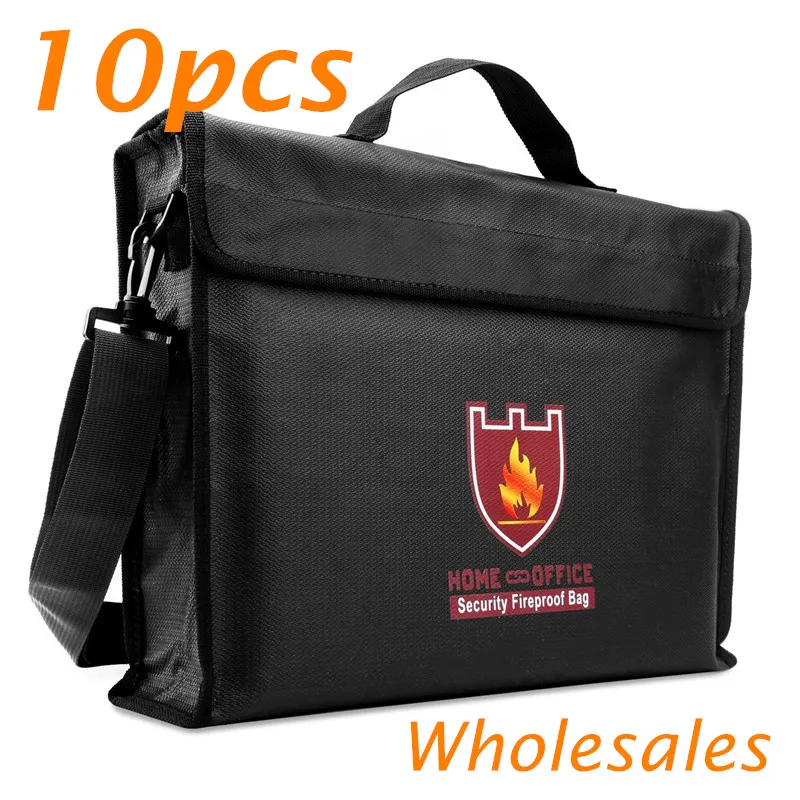 10pcs Large Fireproof Money & Document Bag File Holder with Handle and Shoulder Strap Waterproof for Battery Safe Storage Black