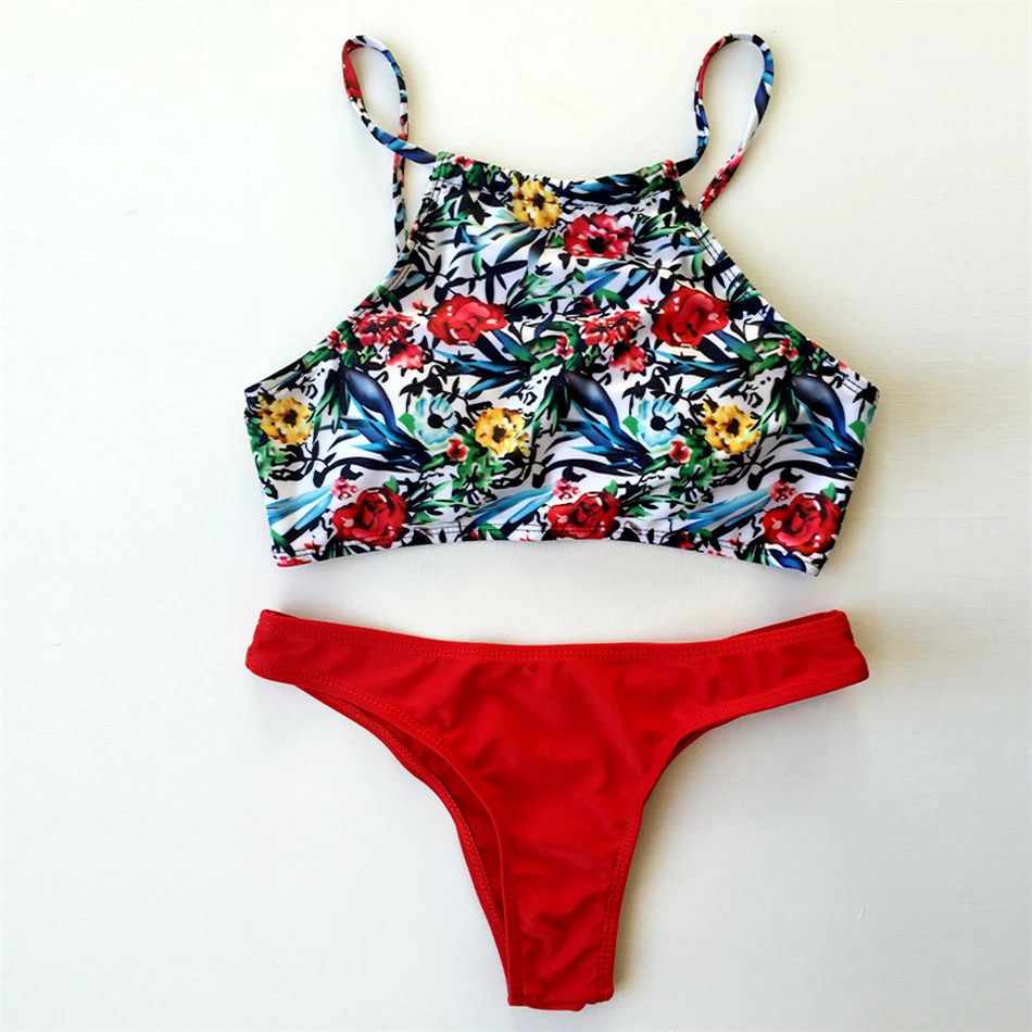New 2018 Sexy High Neck Bikini Swimwear Women Swimsuit Brazilian Set Green Print Halter Top Beach wear Bathing Suits |