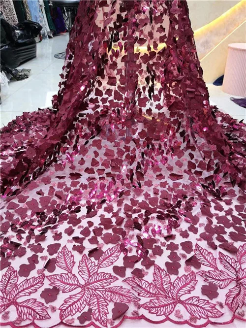 2019 African French Sequin Net Lace Fabric 5 Yards Bridal Tulle Magenta Green Nigeria Beaded For Wedding | Дом и сад