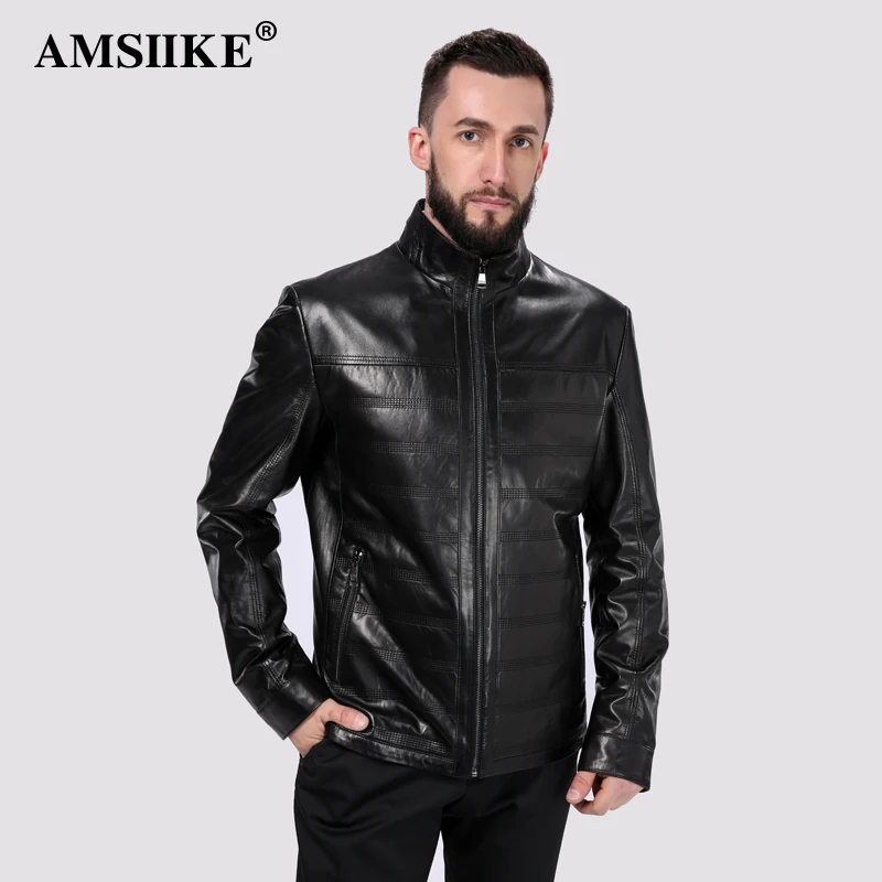 AMSIIKE Мужская Кожаная Стеганая Куртка Воротник Стойка на Молнии A8276