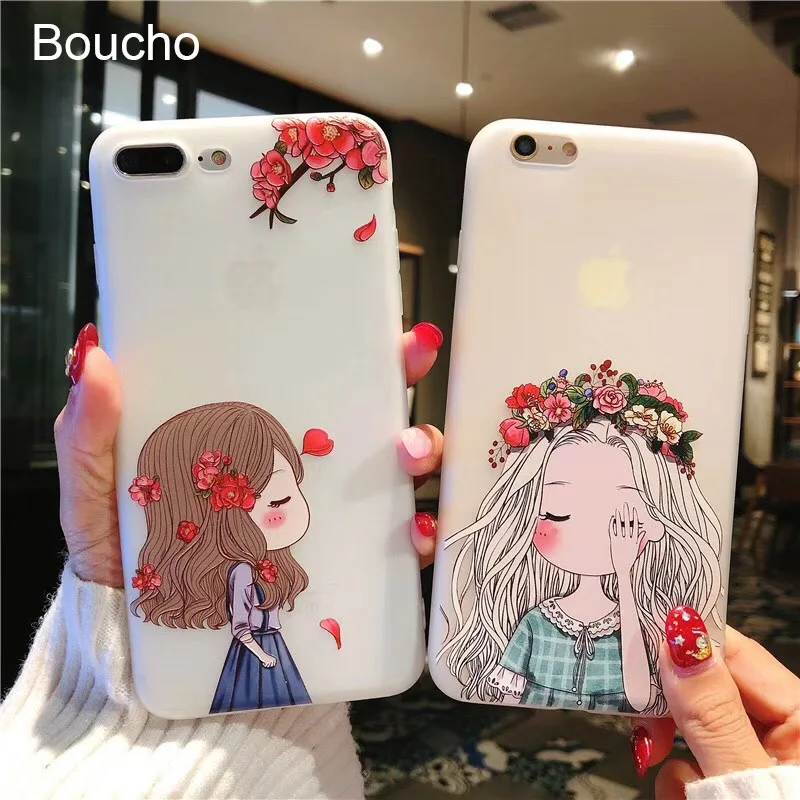 Boucho Cute Lovely Girl Pattern Phone Case For iphone 8 Soft Silicone 5 5s SE 6 6s plus X TPU Cover Capa Coque |