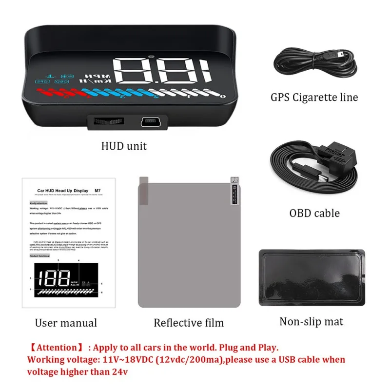 M7 OBD2 бортовой Hud gps Автомобильный дисплей с поворотом на голову Предупреждение предупреждение о превышении скорости, компьютер, лобовое стекло, проектор, датчик света, автомобильные аксессуары