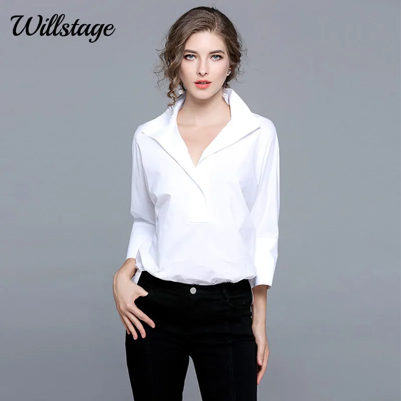 Willstage одноцветное белая блузка Для женщин сбоку Разделение Новинка Дело V