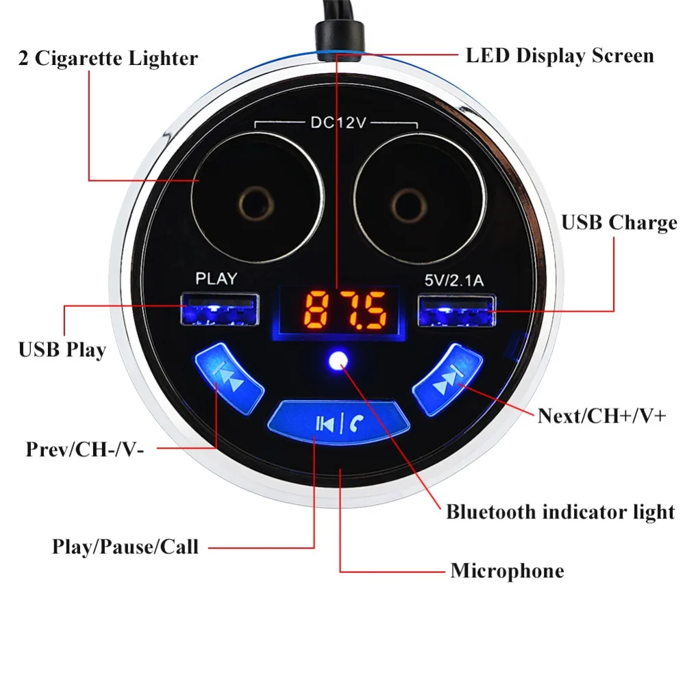 Автомобильное зарядное устройство SOONHUA с двумя usb портами Bluetooth fm передатчик