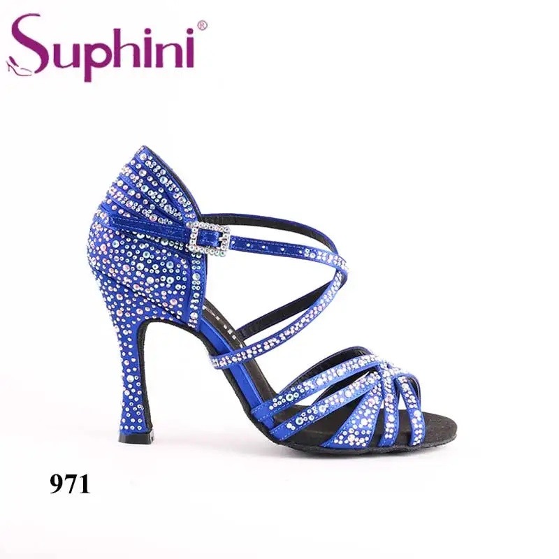 Blue 10cm heel Suphini/Новая коллекция; Роскошные женские туфли из голубого атласа для латинских танцев; ; вечерние туфли для сальсы и Танго - Цвет: Blue 10cm heel