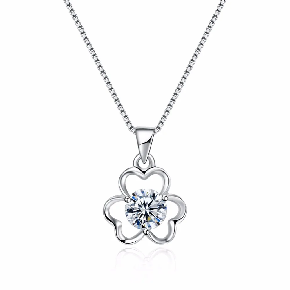 Ожерелье с крючком-застежкой из 100% серебра 925 пробы, на регулируемой длинной, стильное, с блистательным зирконом в виде четырехлистного клевера, на цепочке-коробке с привлекательным шармом.