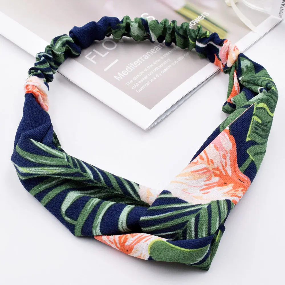 Navy Blue Винтажная повязка на голову с тропическими растениями, листья, резинка для волос с цветами для женщин, аксессуары для волос, завязанная крестиком на голову, эластичная Тюрбан - Цвет: Navy Blue