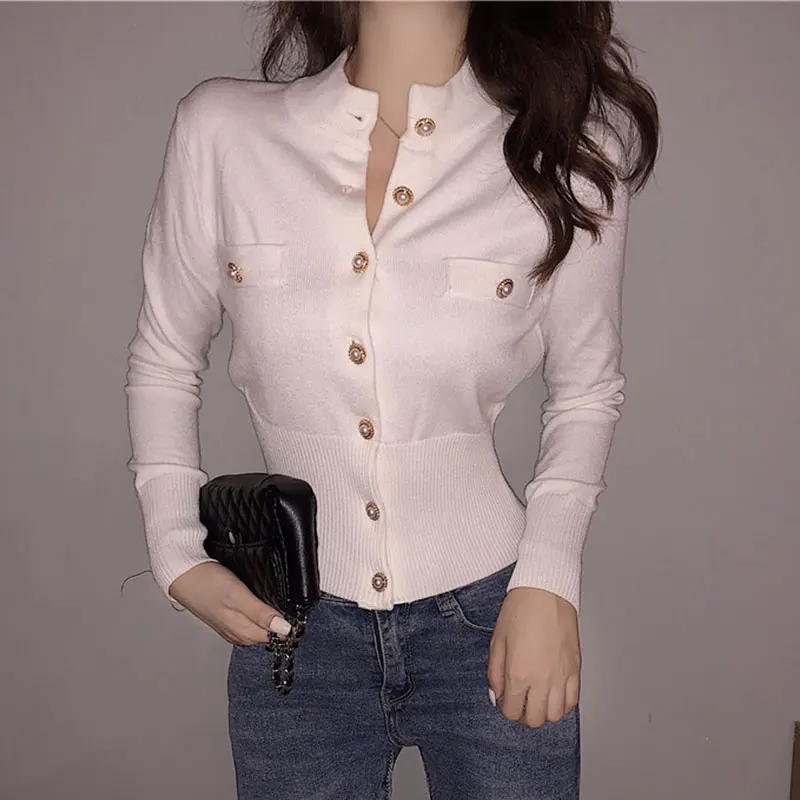 Long Sleeve Slim Knit Cardigan Sweater Women Single-Breasted Turtleneck Pocket Solid High Street Ladies Tops Cotton Coat Autumn |