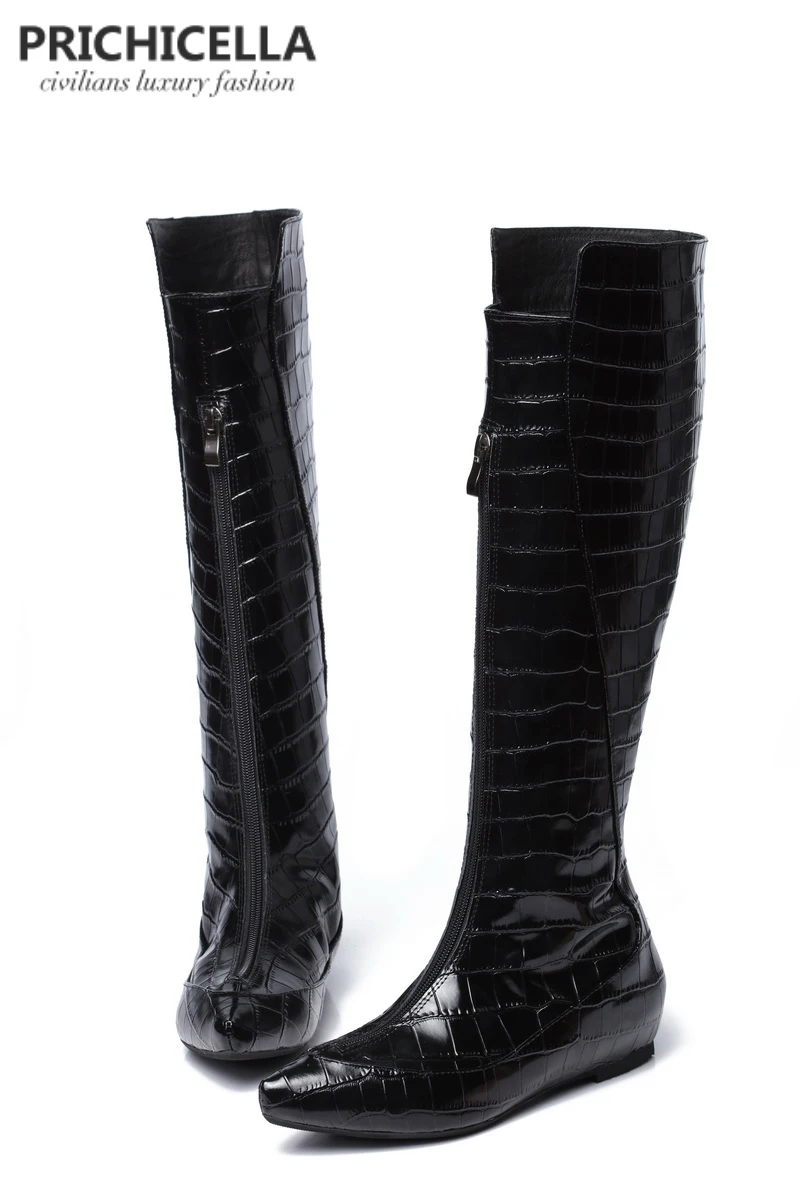 

PRICHICELLA genuine leather black crocodile wedge heel knee high boots animal print winter gladiator tall booties