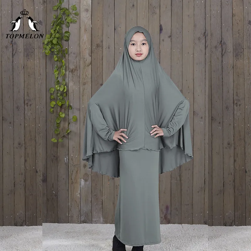 Серый TOPMELON традиционные abaya хиджаб халаты для девочек из двух частей мусульманская молитва одежда Дети Твердые свободные большие abaya s - Цвет: Серый