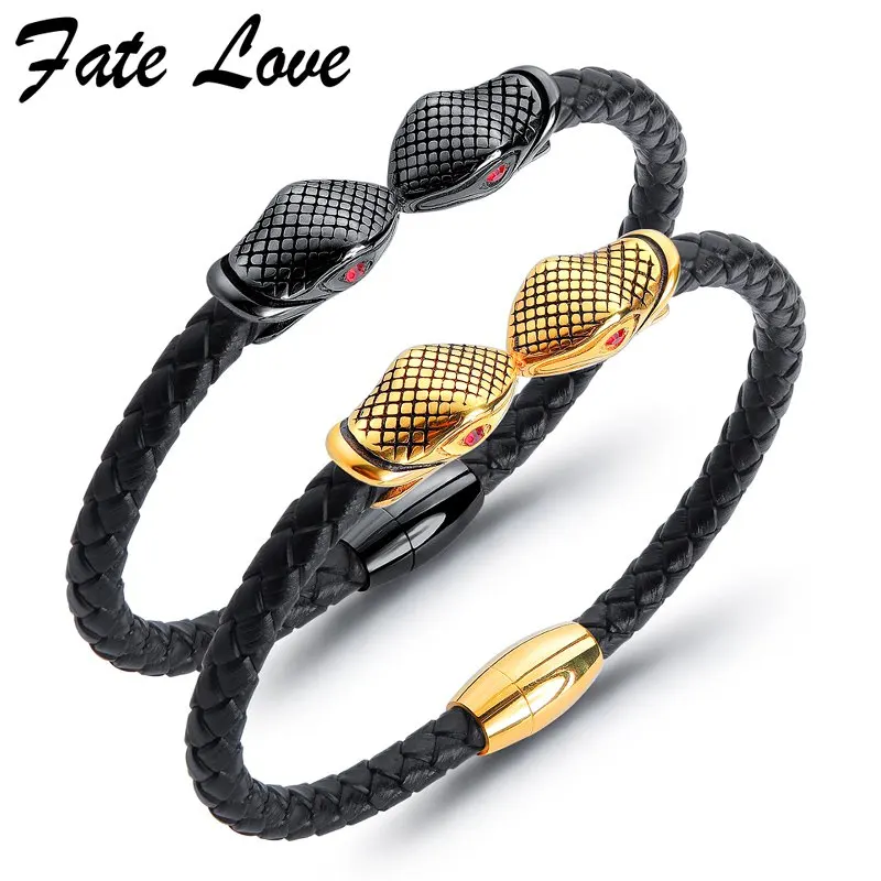 Stainless Steel Snake Leather Bracelet Men Jewelry Pulseras Hombre Punk Rock Handmade Mens Bracelets 2018 Fashion Jewellery Gift | Украшения