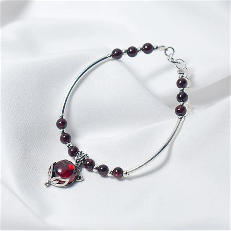 

New Fox Bracelets For Women With 925 Sterling Silver And Round Garnet Beads Cute Jewelry For Lady Bracelets S1753