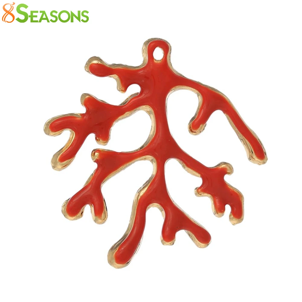 

8SEASONS Charm Pendants Created Coral Gold color Orange-red Enamel 37mm(1 4/8") x 36mm(1 3/8"),5 Pcs