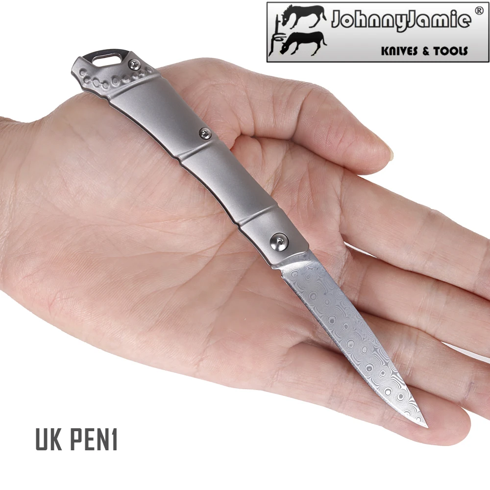 Карманный нож английского бренда JohnnyJamie PEN1 дамасское лезвие ручка из титанового