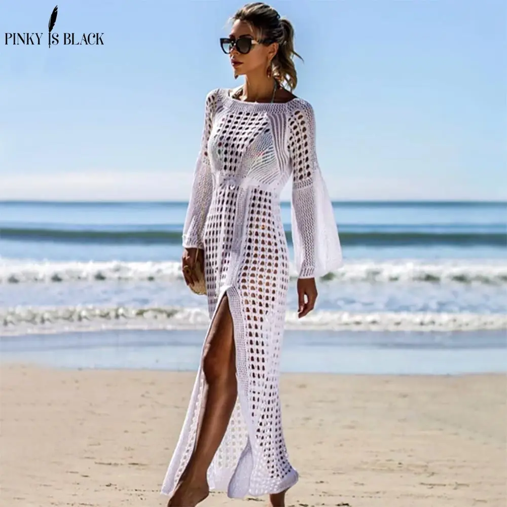 PinkyIsBlack 2019 הולו מתוך סרוגה לבן חוף שמלת נשים טוניקת ארוך Pareos ביקיני כיסוי ups לשחות פיצול חלוק Plage וחוף