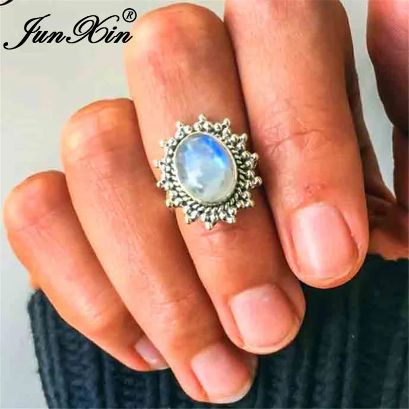 JUNXIN Boho овальные кольца с лунным камнем для женщин, античное 925 Серебряное заполненное кольцо с белым опалом, женское мужское кольцо с большим камнем, ювелирное изделие