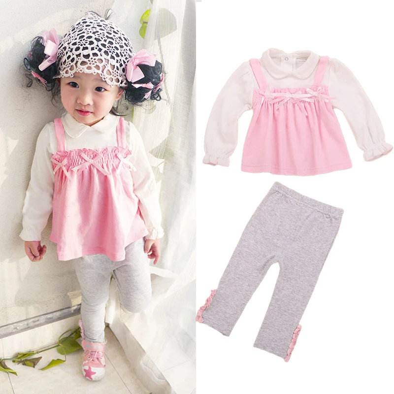 

Baby Girl Clothing Sets Kids Clothes Pink Princess Top + Gray Leggings Girl Long Sleeve Cotton Suits Spring Children Outfits