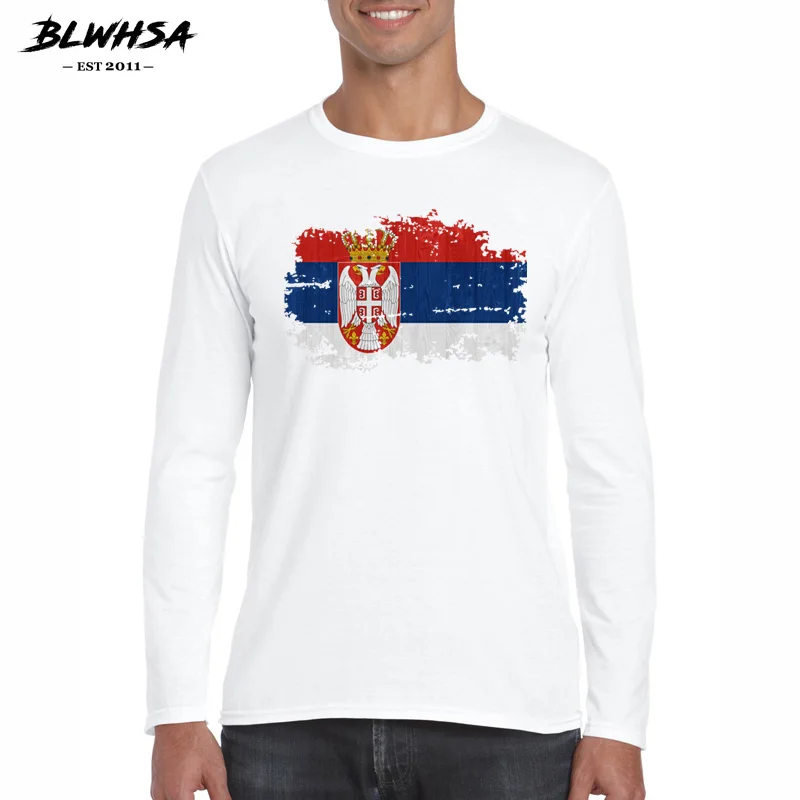 

BLWHSA Brand New Men O-Neck T Shirt Serbia National Flag Nostalgic Style Casual Long Sleeve Cotton Tshirts Autumn Man T-shirt