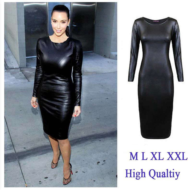 

Fashion Sexy Women PU Dress Leather Long Sleeve O Neck Midi Party Dress Clubwear Black Synthetic Leather Bandage Dress Plus Size