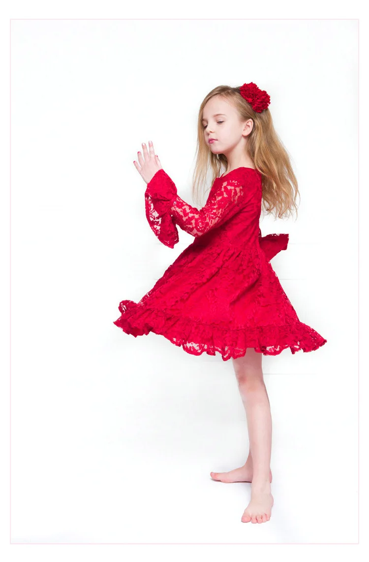 Девушки Хлопок Платье в Полный Peatl Рукавами Воротник Оборками Кругов Кружева One