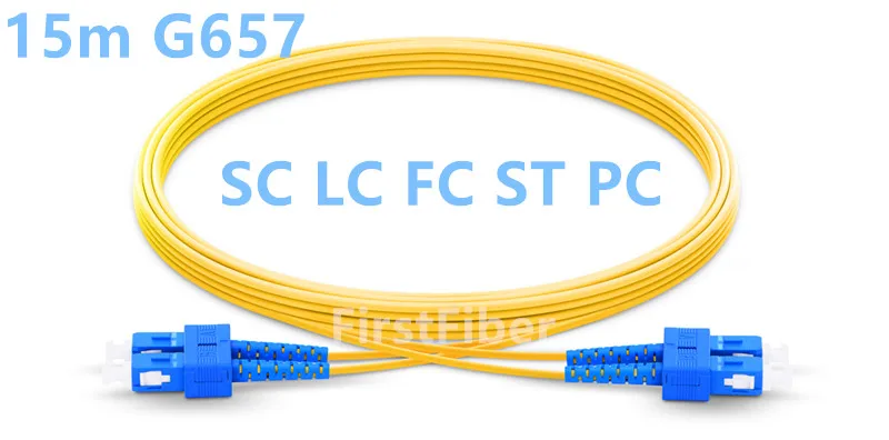 

15m SC LC FC ST PC UPC Patch Cable 2 cores Duplex Fiber Patch Cable, G657A Jumper, Patch Cord 2.0mm PVC OS2 SM Bend Insensitive