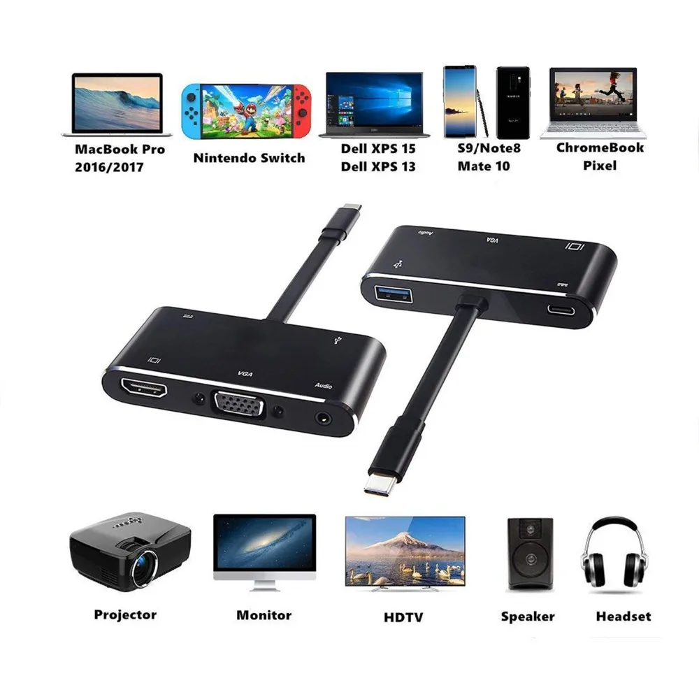 USB 3 1 Type C до 4K совместимому с HDMI VGA 0 концентратор 5 аудио адаптер для MacBook Sumsung S9 Dex