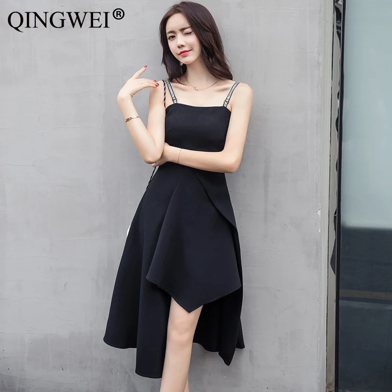Женское платье на бретельках QINGWEI черное повседневное асимметричное мини с
