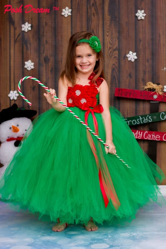 POSH DREAM Red Flower Girls Christmas Tutu Dress Green and White Weddings Pageants Photos Costume for Kids | Детская одежда и