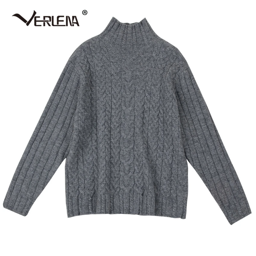Funnel Collar Cable Pattern Solid Vintage Jumper Sweater Women Long Sleeve Turtleneck Streetwear Thick Pullover VERLENA New 2019 | Женская