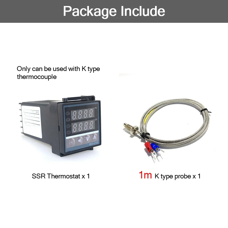 Двойной цифровой PID SSR Термостат Регулятор Температуры Комплект REX-C100 с SSR-40DA, радиатор, 2 м К термопары - Цвет: Set 7