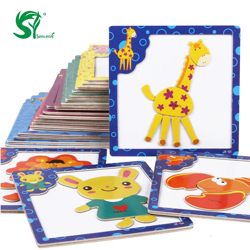 Montessori Wooden Toys for Children 3D Magnetic Puzzles Tiger/Bear/Frog Cartoon Animals kids toys Tangram christmas Gift | Игрушки и