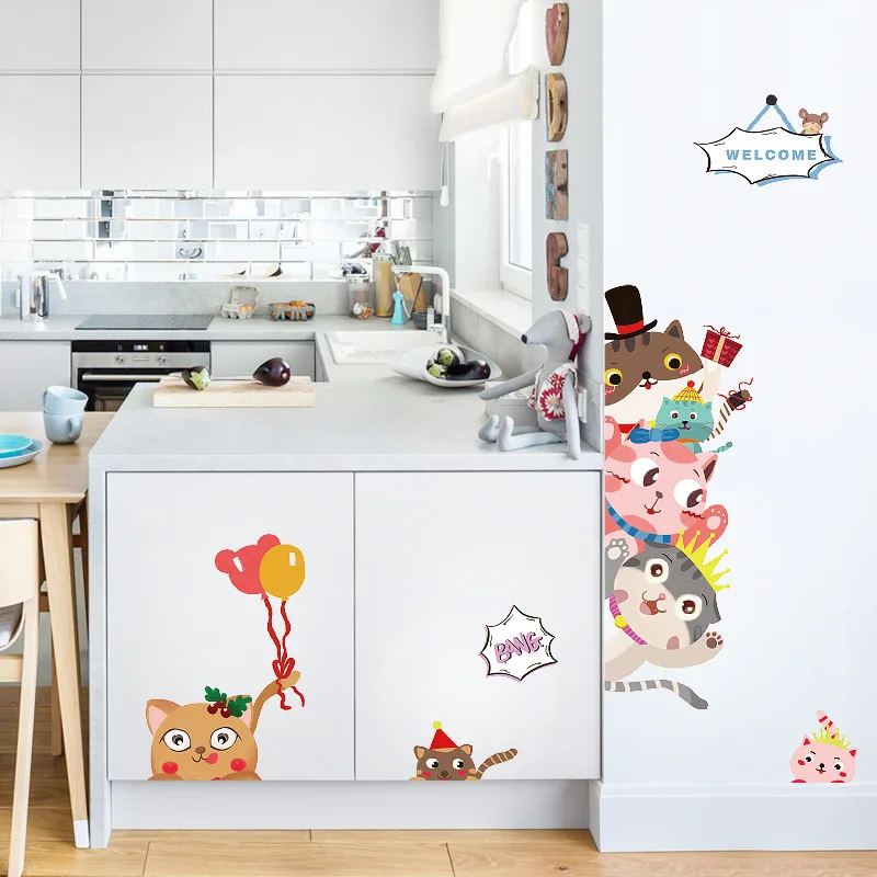 Мультяшный Кот Животные наклейки на стену DIY дети роспись для детской комнаты