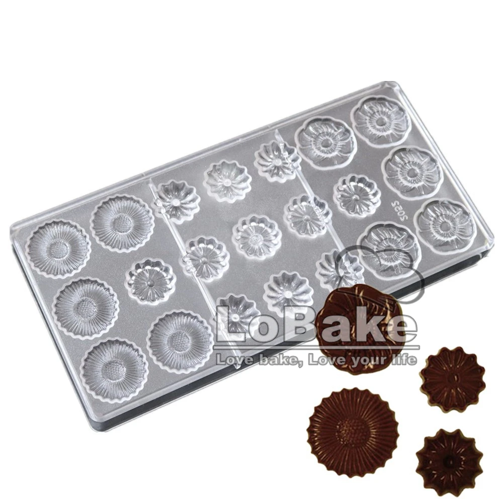 

Latest 21 cavities Various round sun flowers shape PC Polycarbonate chocolate cake mold for chocolat chips DIY baking tools