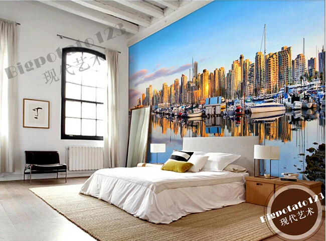 Последние 3D фрески красивые голубое небо горизонт здание корабль озеро гостиная