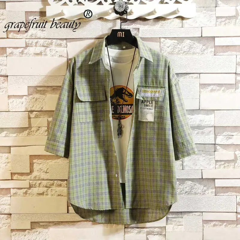 summer personality Hong Kong version of the trend color matching plaid shirt men's casual hip hop loose long-sleeved 5X | Мужская