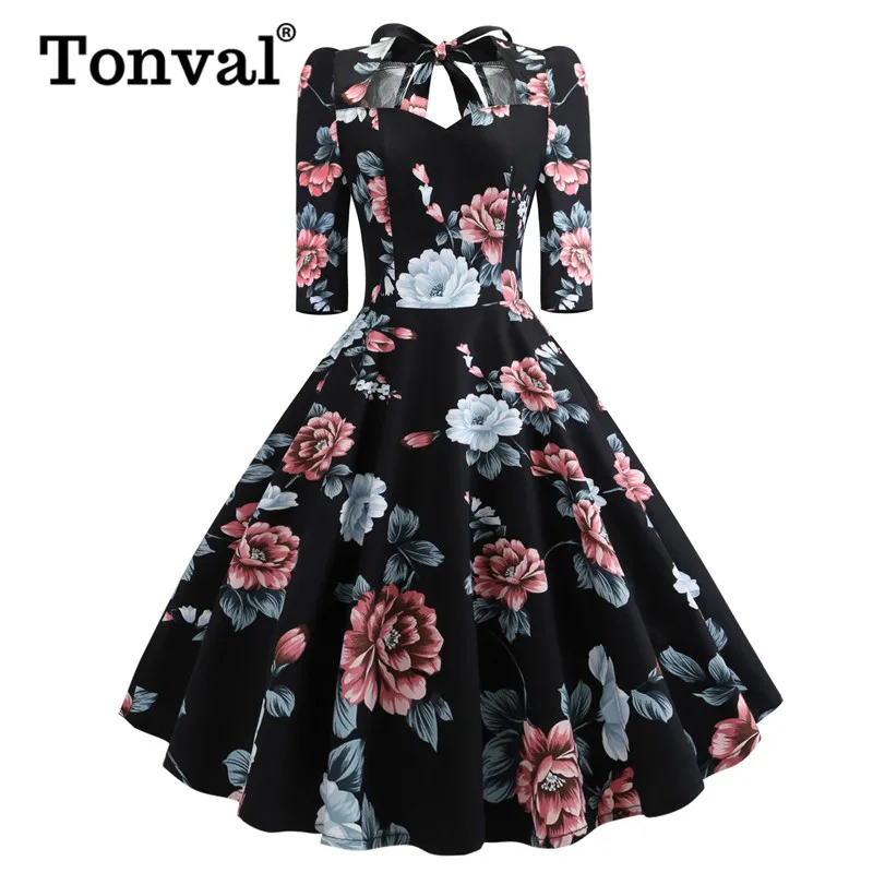 Floral 2 Tonval черное элегантное с завязкой-галстуком в цветы милое вечернее платье рокабилли три четверти рукав осень открытая спина винтажные женские платья - Цвет: Floral 2